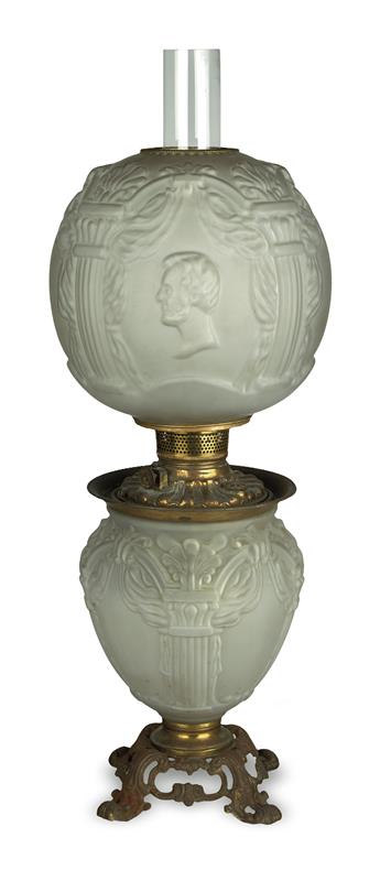 (REALIA.) Bowl-on-bowl commemorative hurricane lamp featuring portraits of Lincoln and Washington.